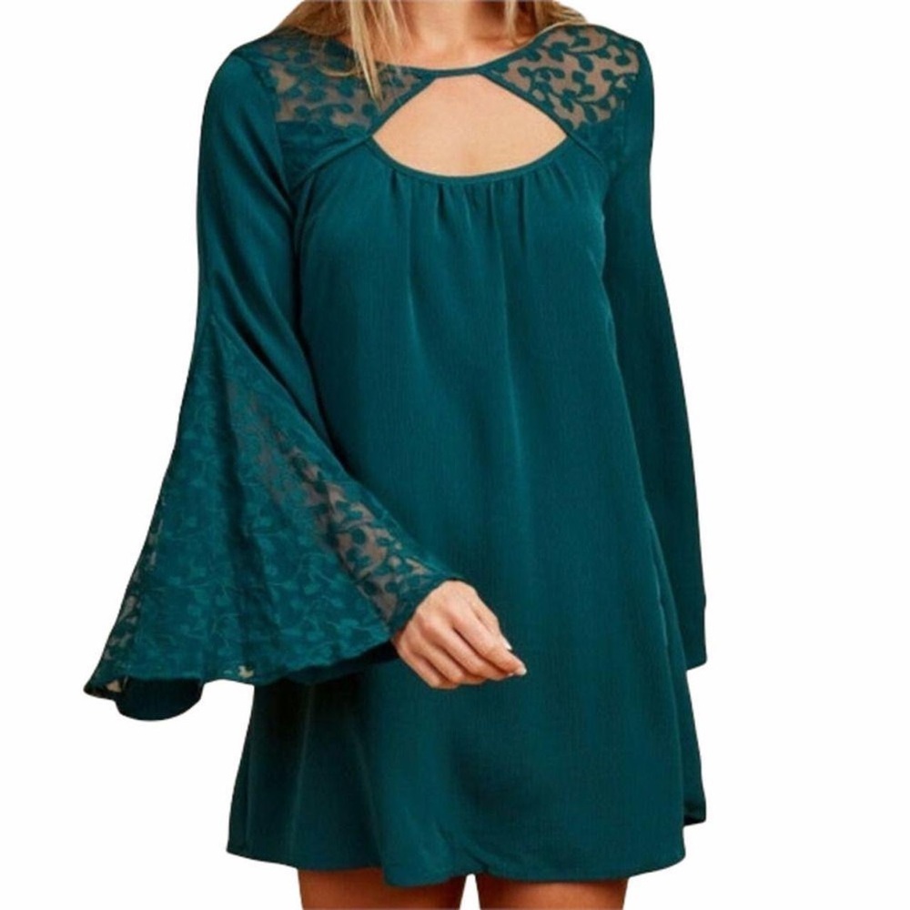 Altar'd State Elkhart Dress Bell Sleeves Deep Teal Mini Dress